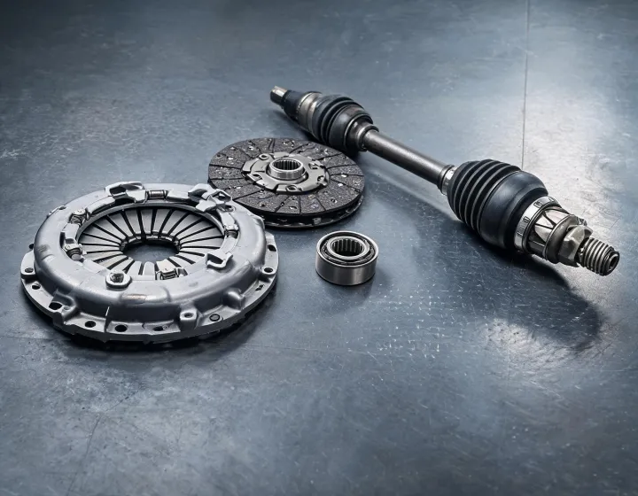 CV joint axle and clutch kit on a transmission workbench